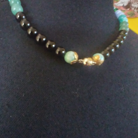 Handmade💎GENUINE💥 17" Onyx, Amazonite, Aventurine,Swarov & Glass🌺Flwer Neckl. - Picture 6 of 14